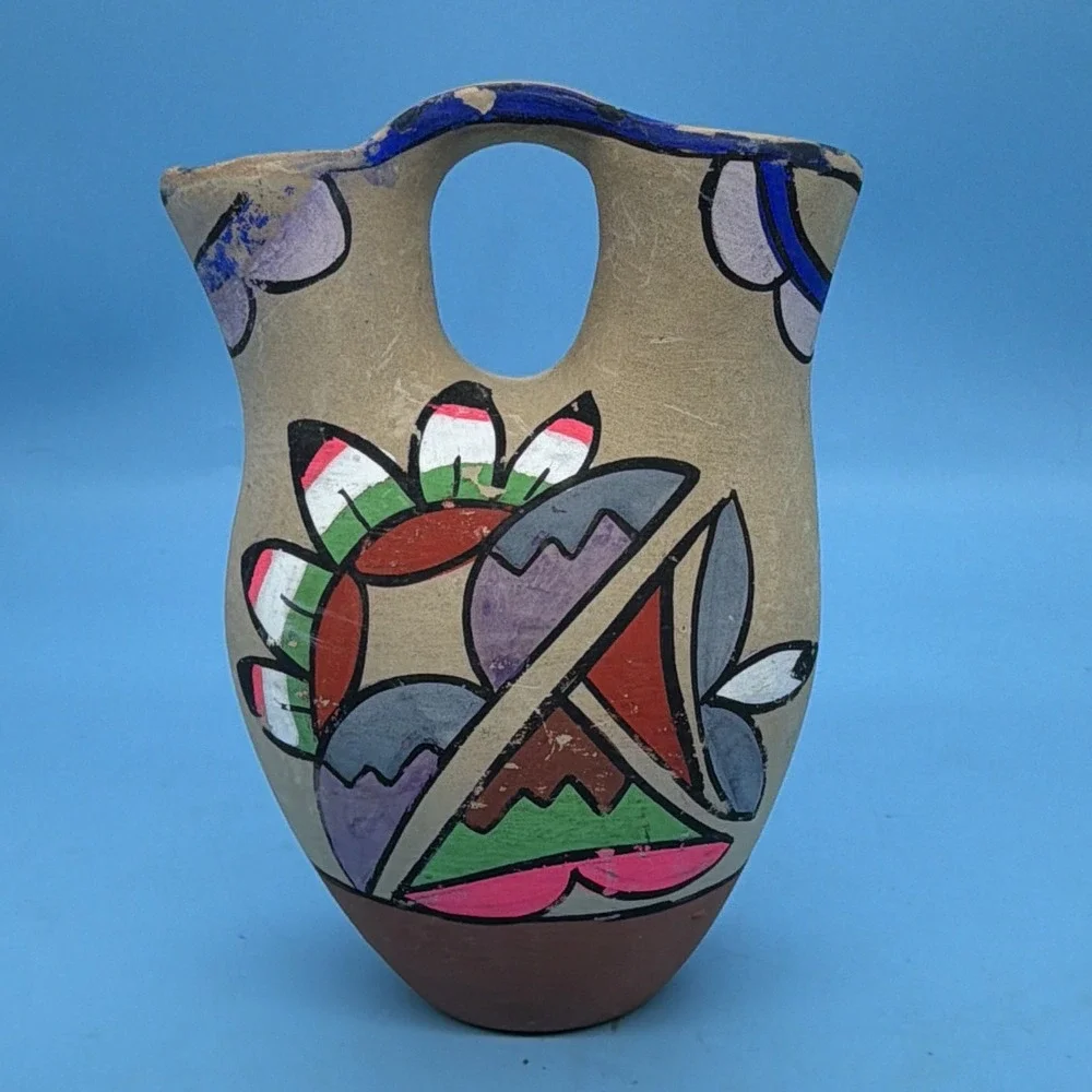 Vintage Jemez Pueblo Style Native American Pottery Wedding Vase Hand Painted